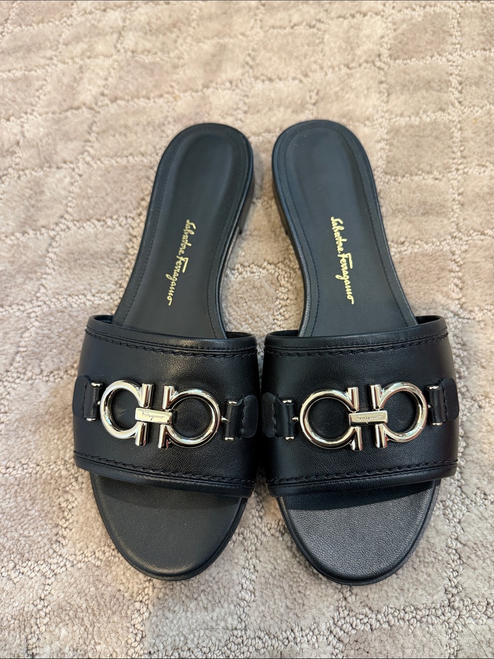 New in box Salvatore Ferragamo Black Leather Gancini Slide